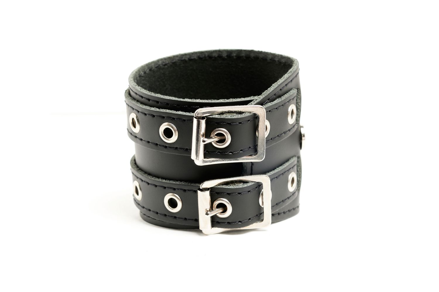 Black Leather Double Strap Bracelet with Silver Accents - 2BKCNOA - MADE IN QUEBEC