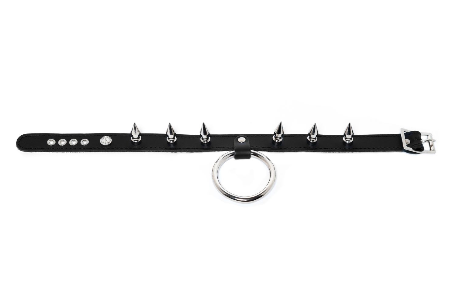 Leather choker with large o-ring and thick spikes - C34DBND-GS