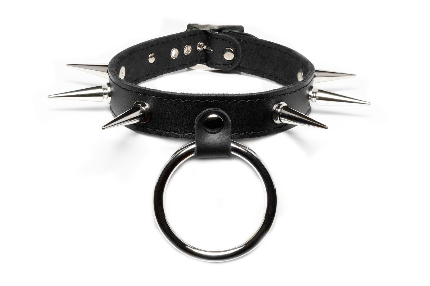Leather choker with large o-ring and long spikes - C34DBND-LS
