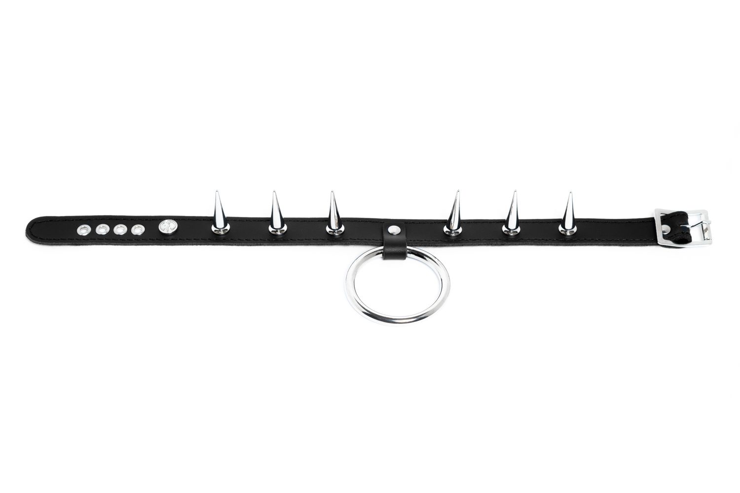 Leather choker with large o-ring and long spikes - C34DBND-LS