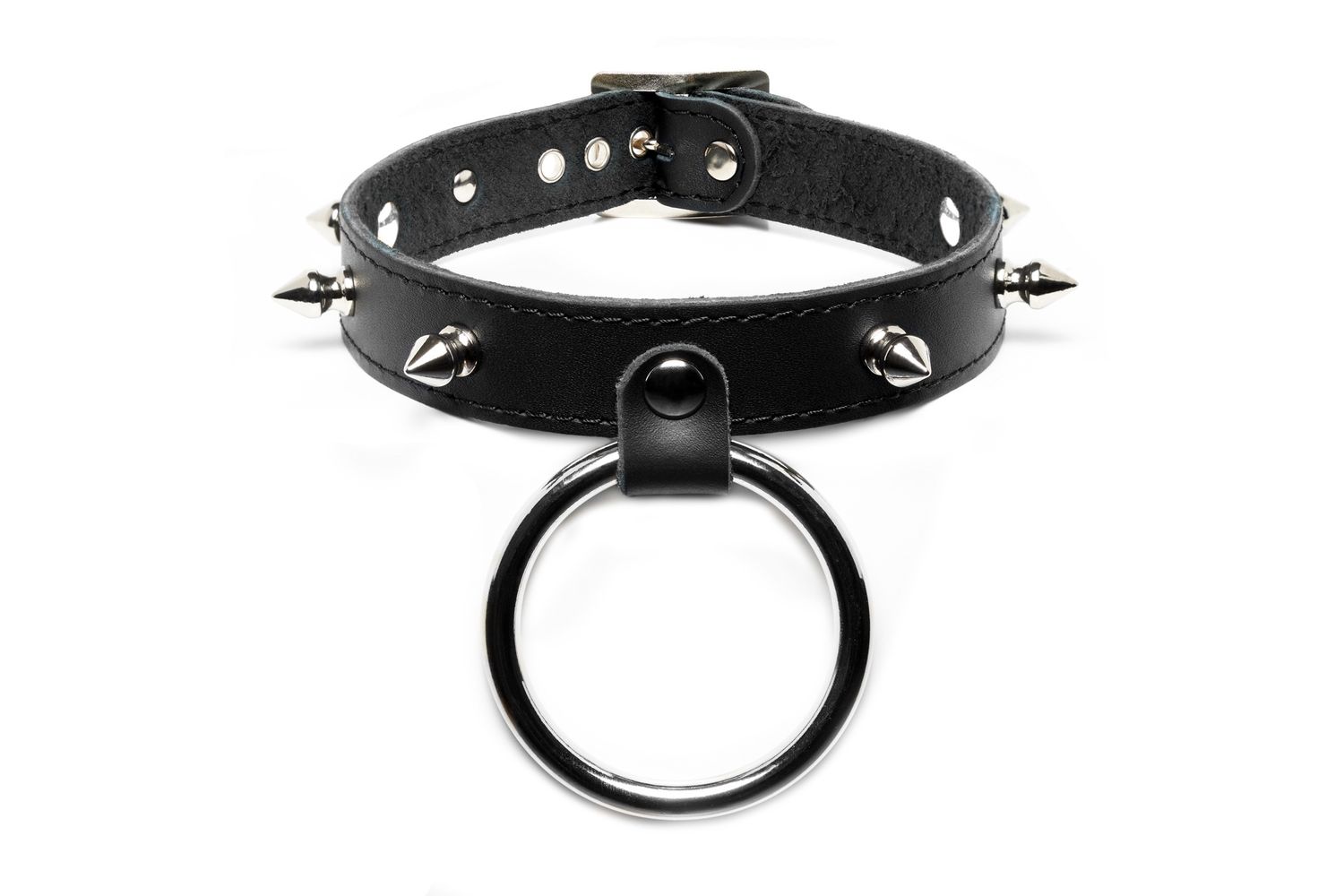 Leather choker with large o-ring and small spikes - C34DBND-PS