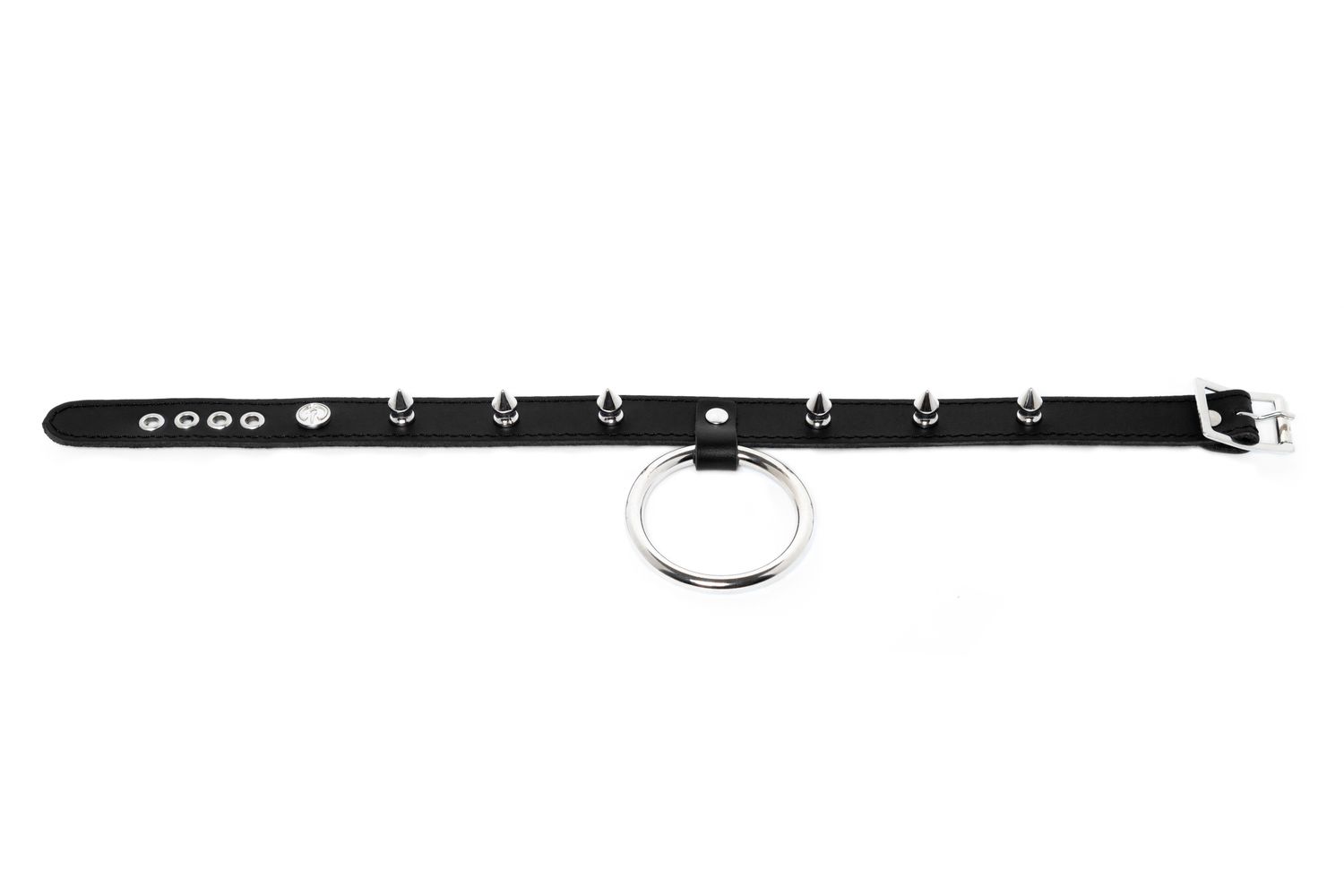Leather choker with large o-ring and small spikes - C34DBND-PS