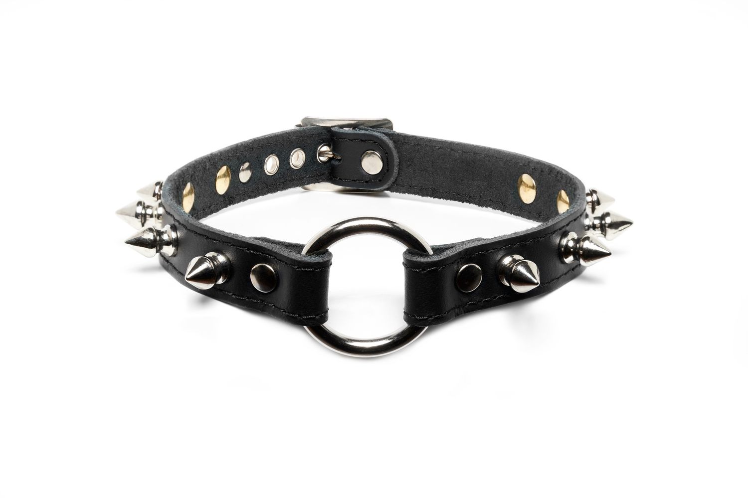 Leather choker with o-ring and small spikes - C58FBND-PS