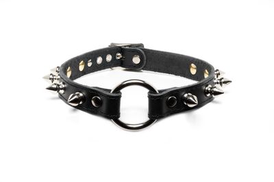 Leather choker with o-ring and small spikes - C58FBND-PS