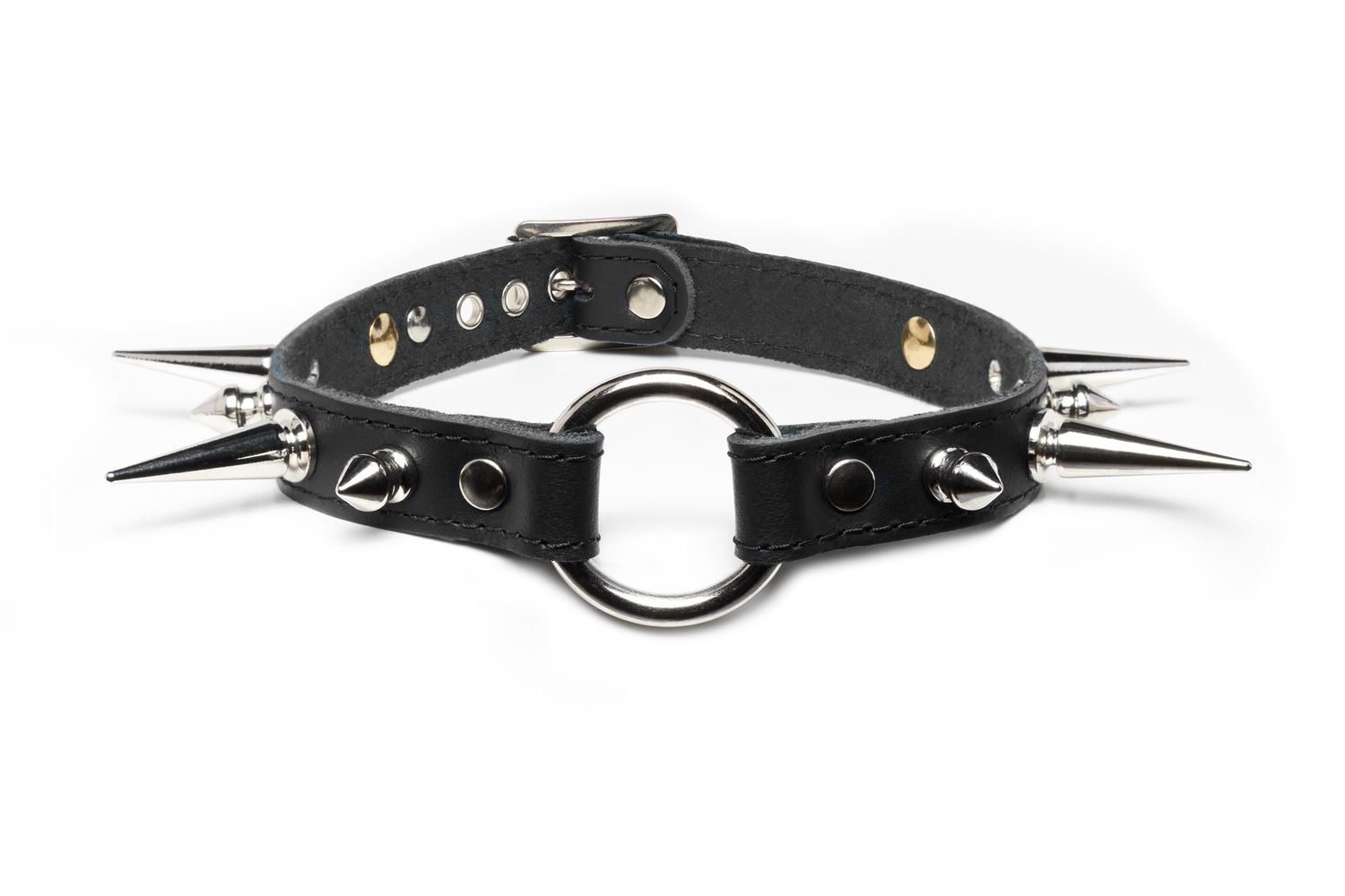 Leather choker with o-ring and small/long spikes - C58FBND-PS-LS
