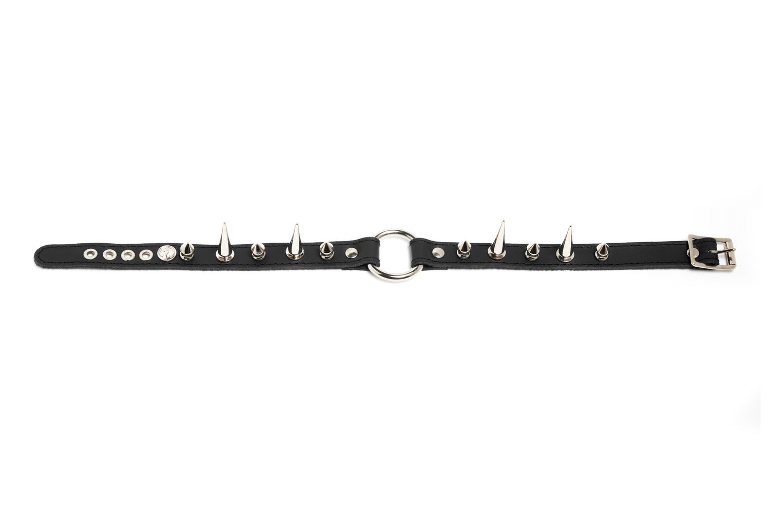 Leather choker with o-ring and small/long spikes - C58FBND-PS-LS