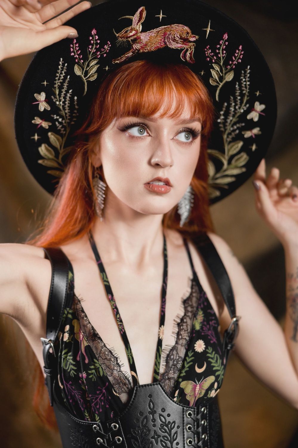 Embroidered Hare Moon Wide Brimmed Hat