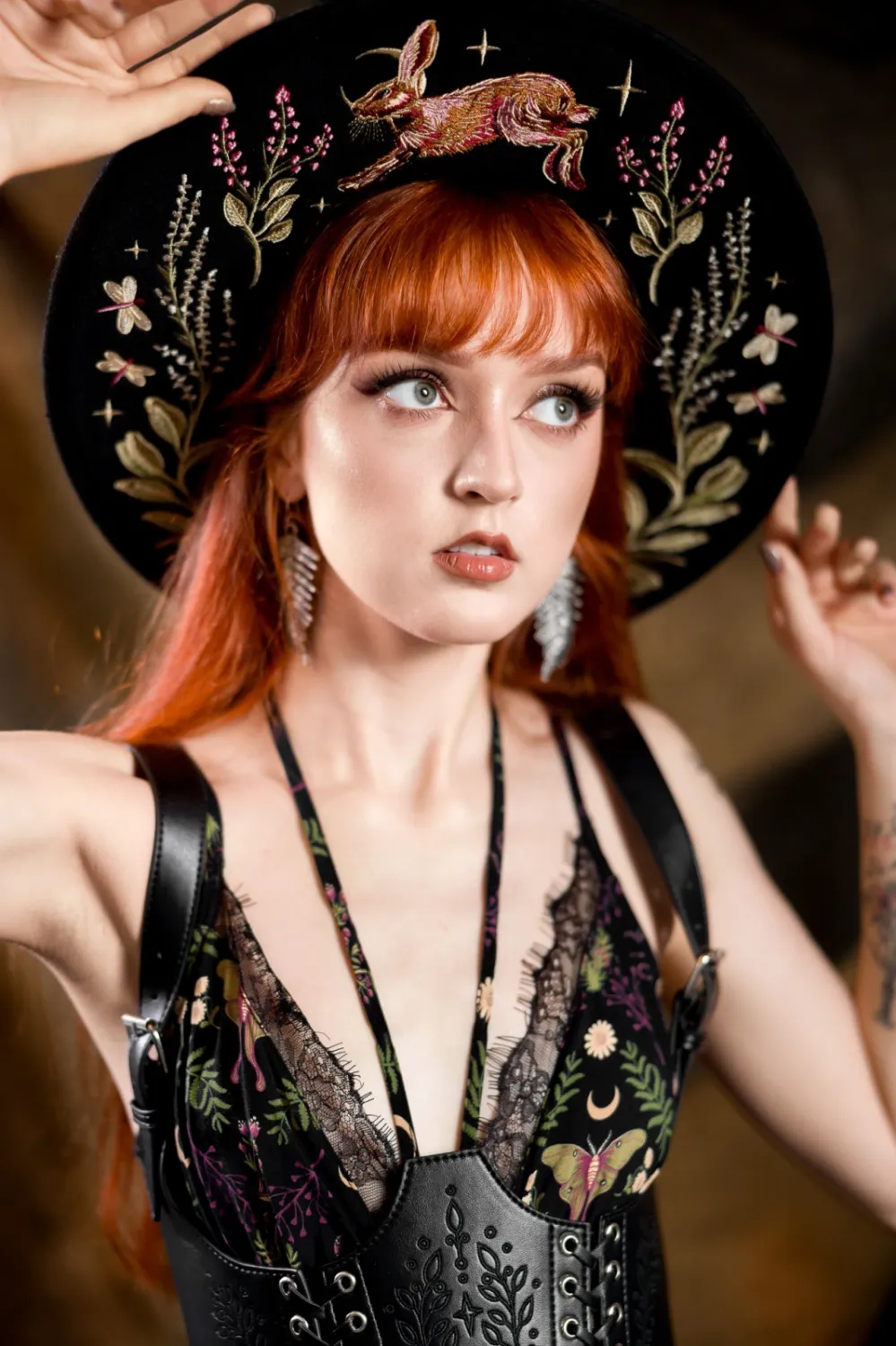 Embroidered Hare Moon Wide Brimmed Hat