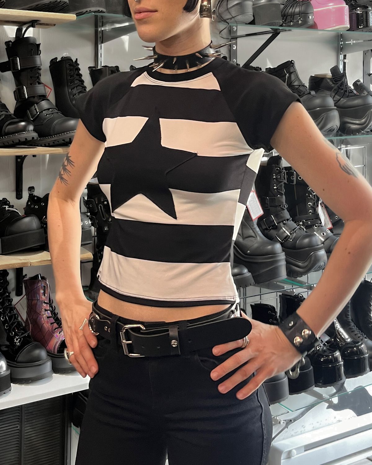 Striped Black and White Cropped T-Shirt with Black Star - MADE IN QUEBEC