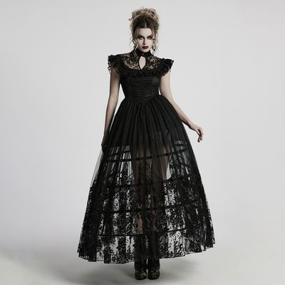 Black Romantic Victorian Gothic Ruffle Mesh High Collar Dress - WQ-869