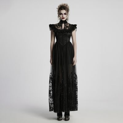 Black Romantic Victorian Gothic Ruffle Mesh High Collar Dress - WQ-869