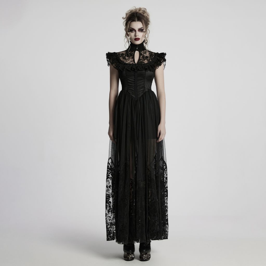 Black Romantic Victorian Gothic Ruffle Mesh High Collar Dress - WQ-869