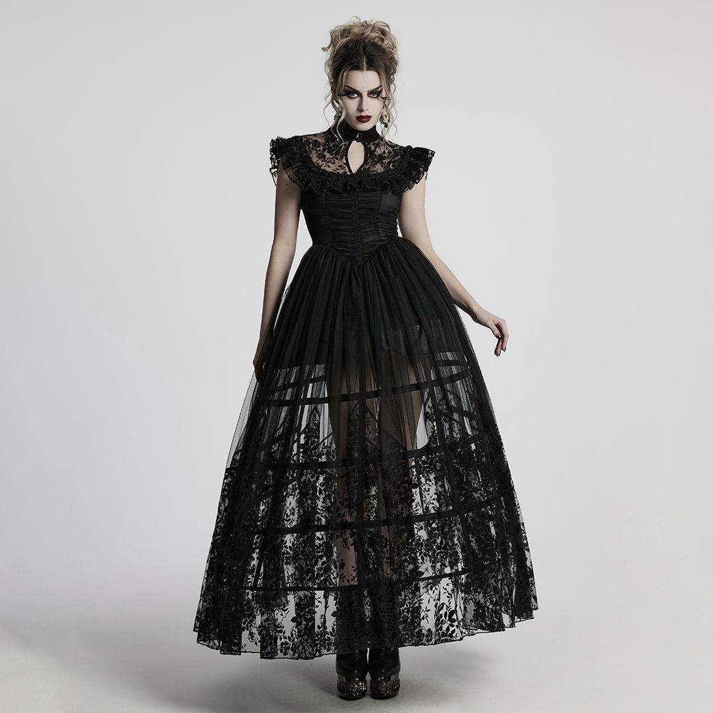 Black Romantic Victorian Gothic Ruffle Mesh High Collar Dress - WQ-869 [PLUS]