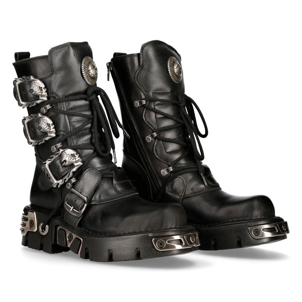 Black Gothic Metallic Reactor Leather Boots with Skull Buckles - M-391-S1
