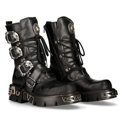 Black Gothic Metallic Reactor Leather Boots with Skull Buckles - M-391-S1