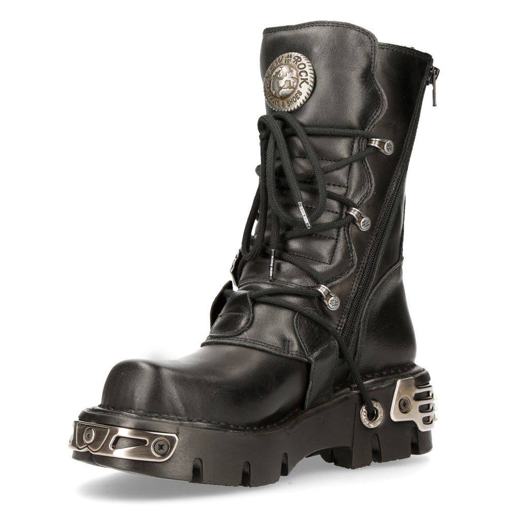 Black Gothic Metallic Reactor Leather Boots with Skull Buckles - M-391-S1