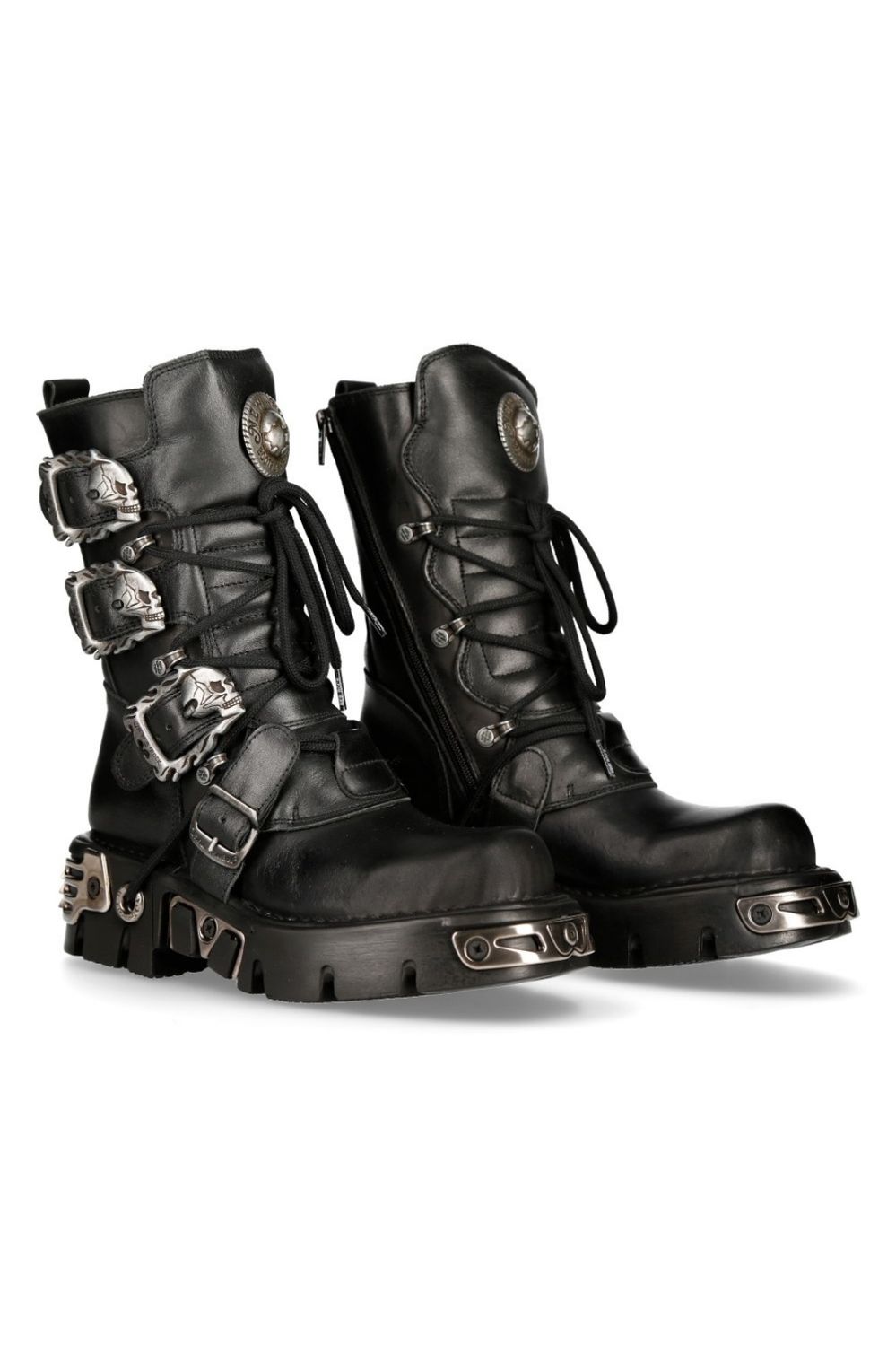 Black Gothic Metallic Reactor Leather Boots with Skull Buckles - M-391-S1