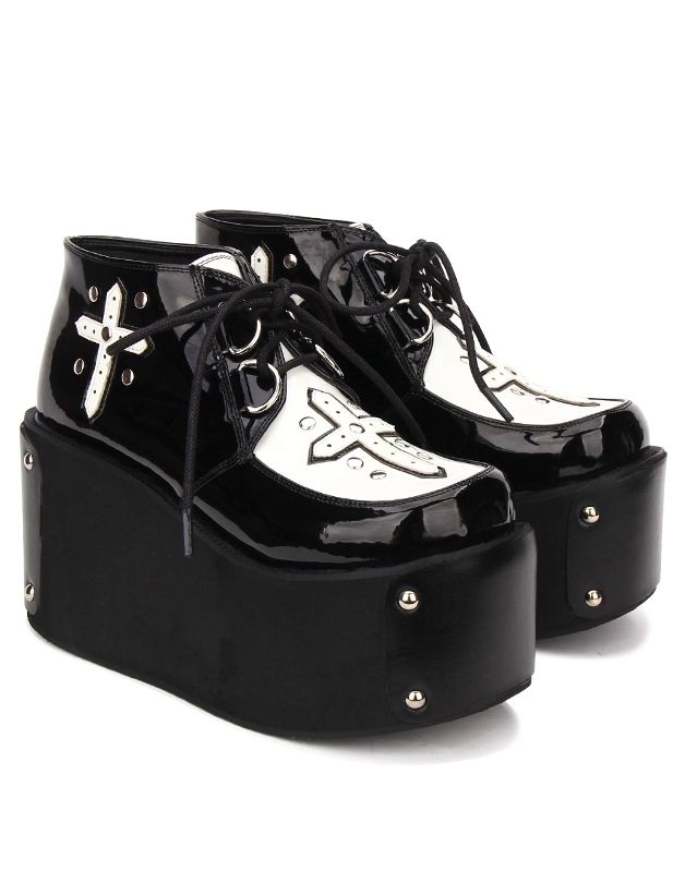 Black and White PVC Gothic Cross Platform Creeper Shoes - [9702]