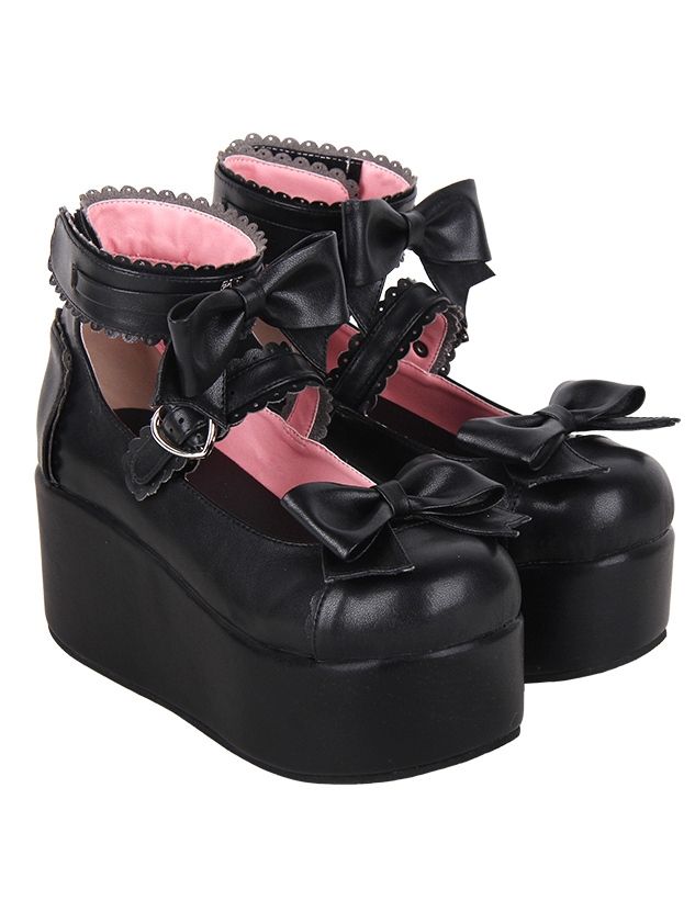 Black Gothic Sweet Bow Platform Ankle Shoes - [8219]