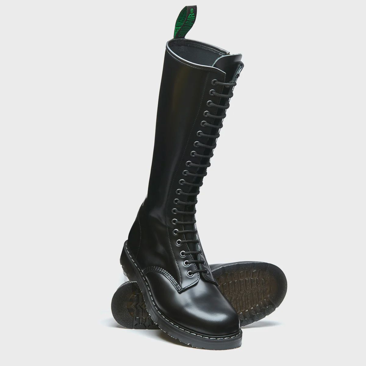 Black Hi-Shine 20 Eyelet Tall Derby Boot In Real Leather with side Zipper - [S20-20-BK-ZIP-G]