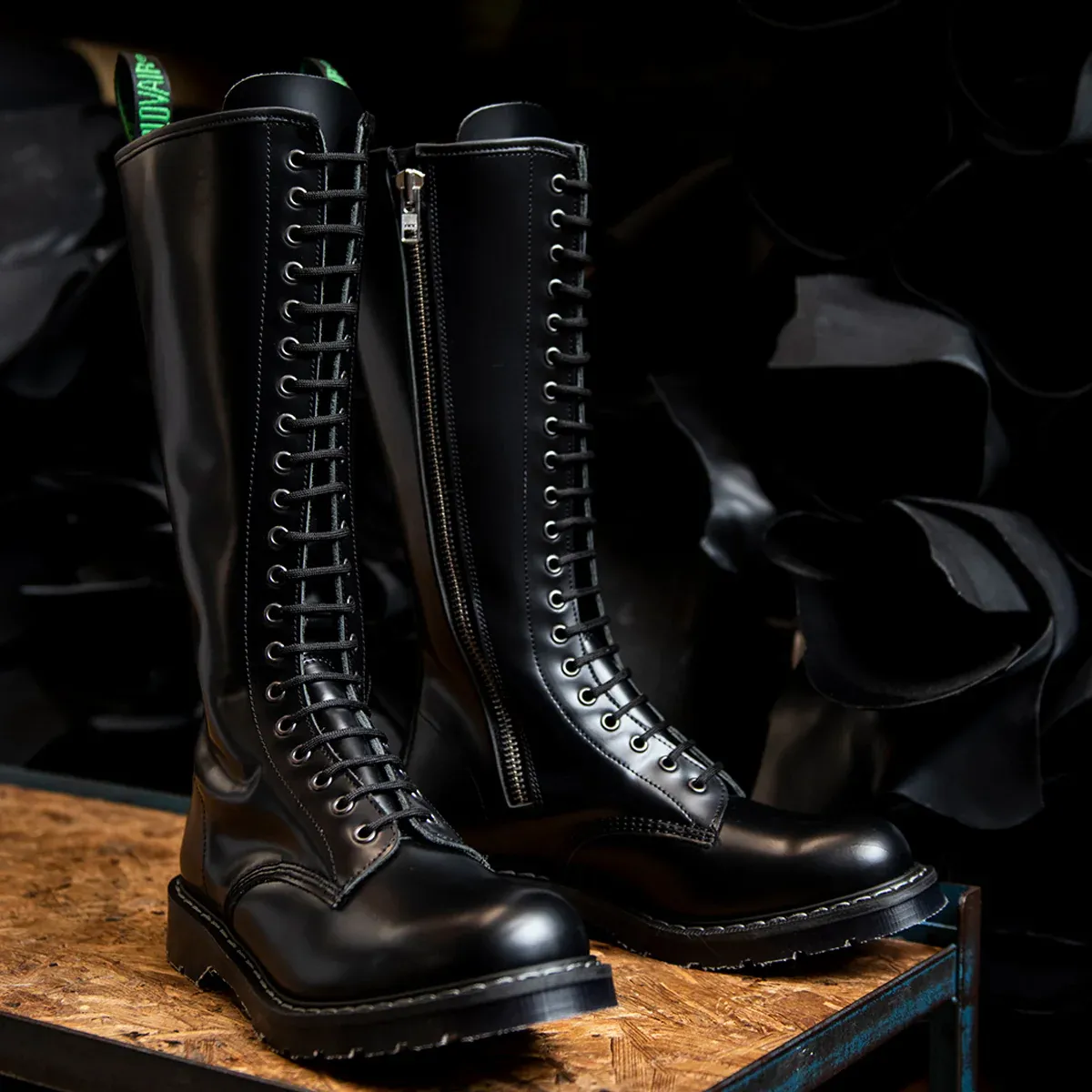 Black Hi-Shine 20 Eyelet Tall Derby Boot In Real Leather with side Zipper - [S20-20-BK-ZIP-G]