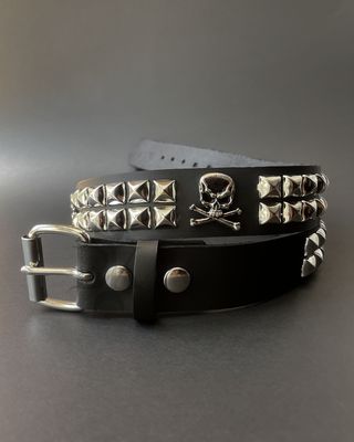 2 Row Silver Studded Leather Belt with Silver Skulls - BT642 [PLUS]