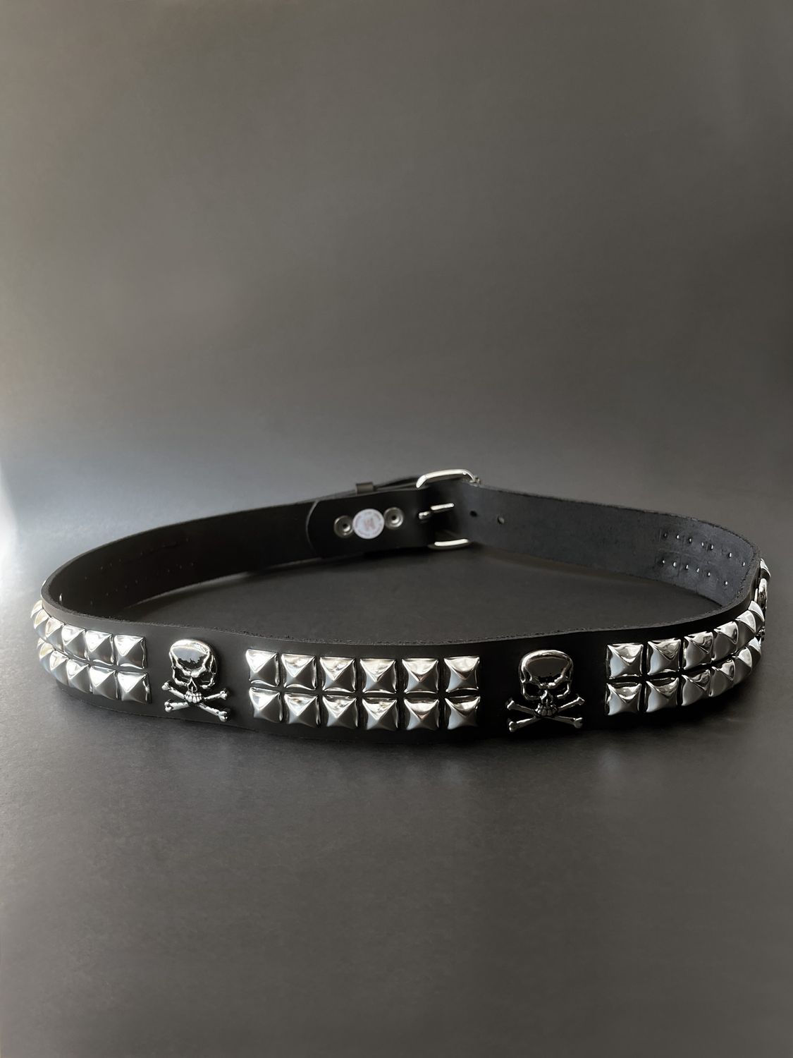 2 Row Silver Studded Leather Belt with Silver Skulls - BT642 [PLUS]