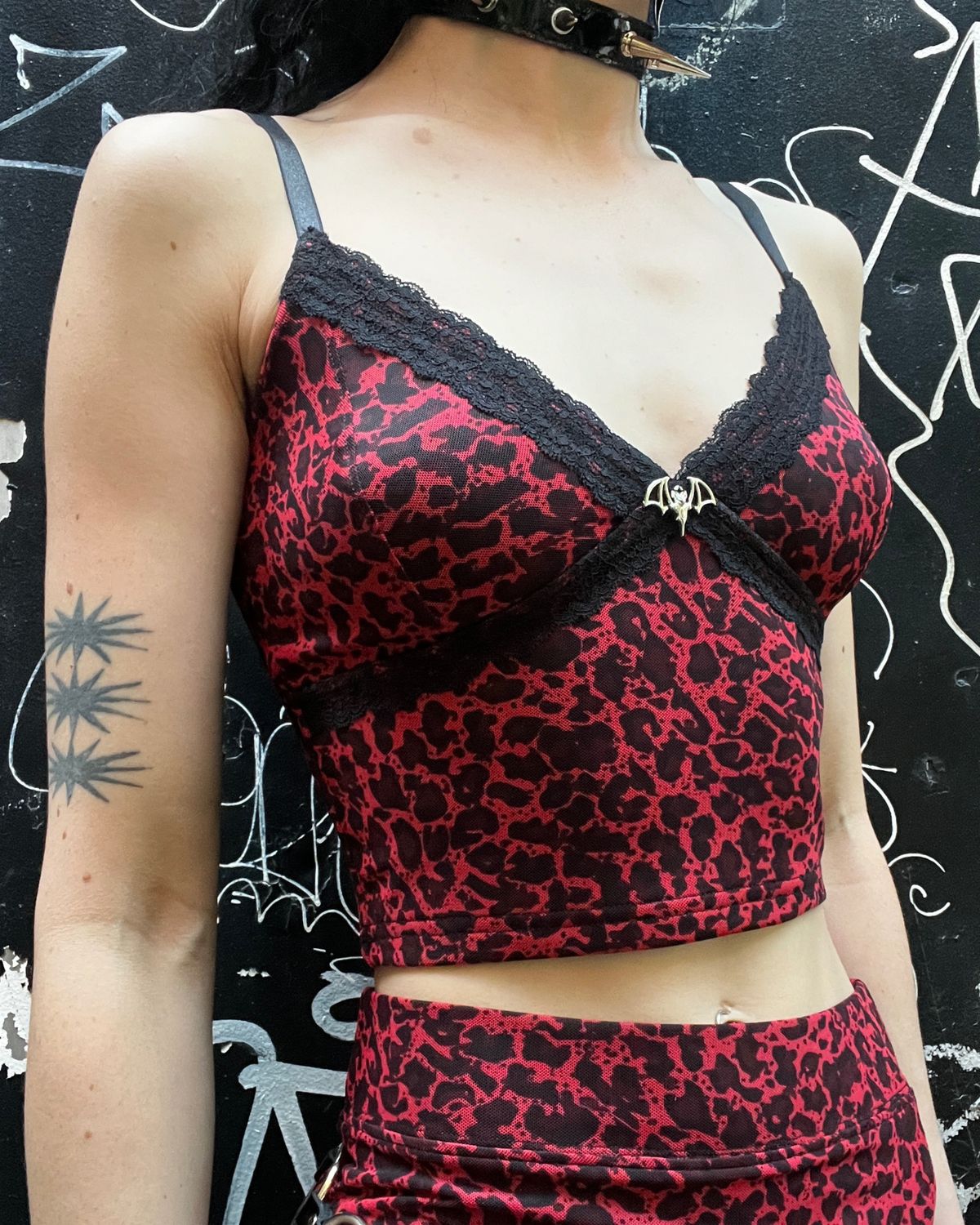 Red Leopard Print Mini Camisole with Bat Charm - MADE IN QUEBEC