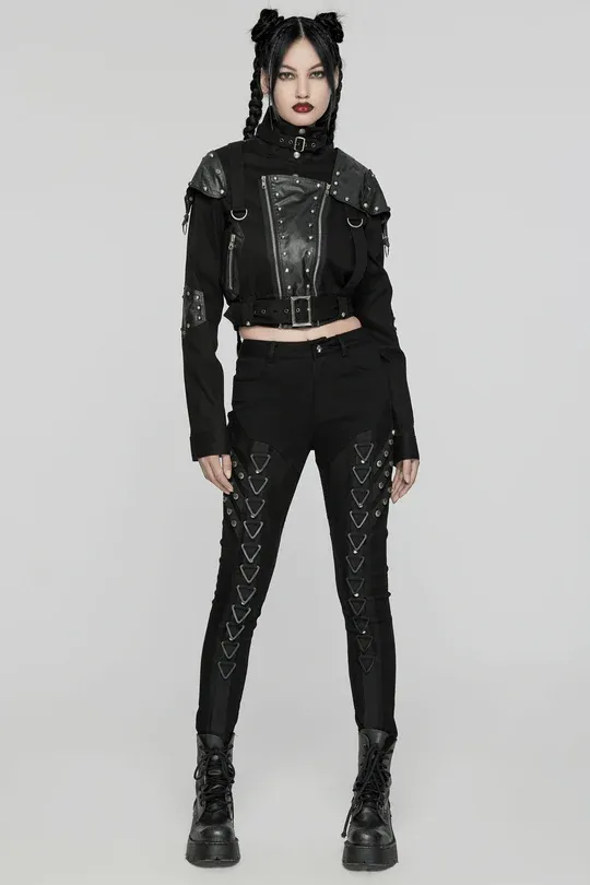 Black Punk Industrial Metal High Waisted Skinny Jeans - WK-648