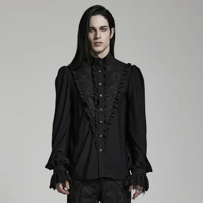 Black Romantic Chiffon Button-Up High Collar Chemise - WY-1486