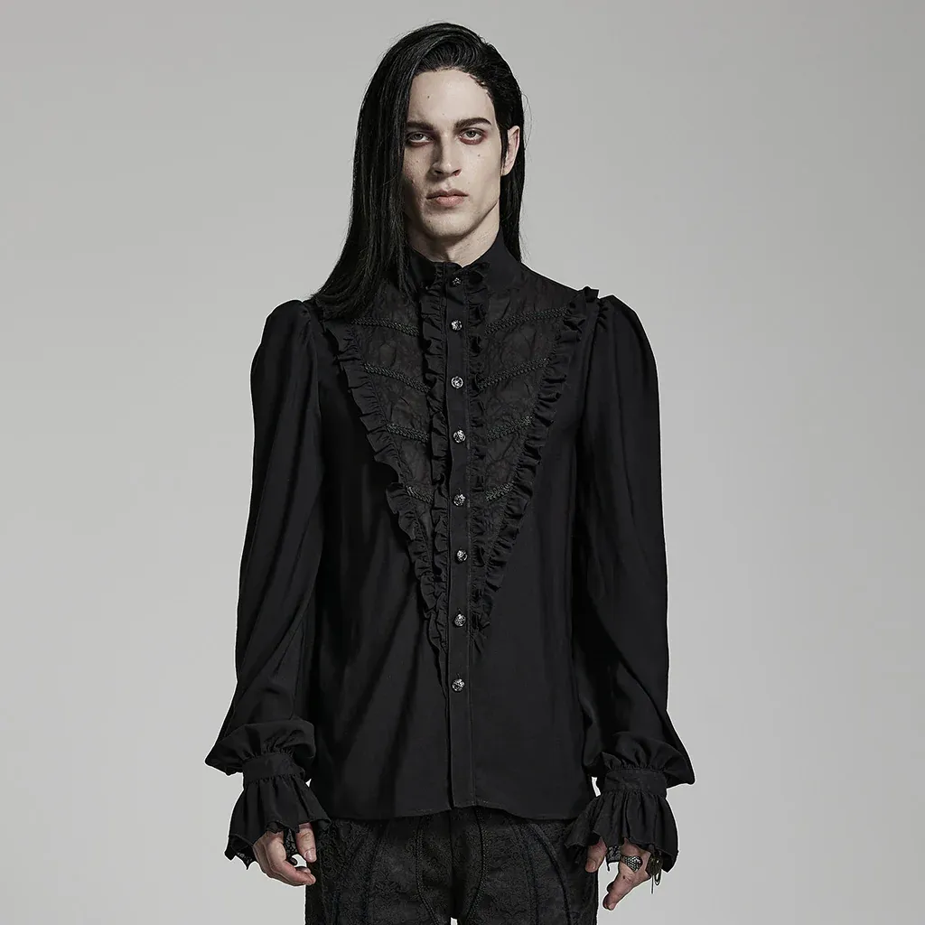 Black Romantic Chiffon Button-Up High Collar Chemise - WY-1486 [PLUS]