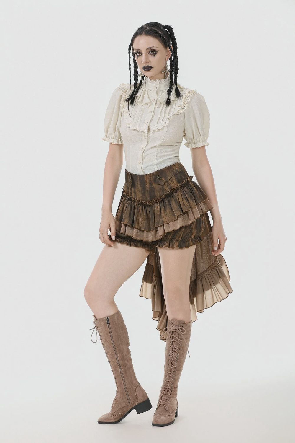 Blouse with a Layered Lace High Collar IW125