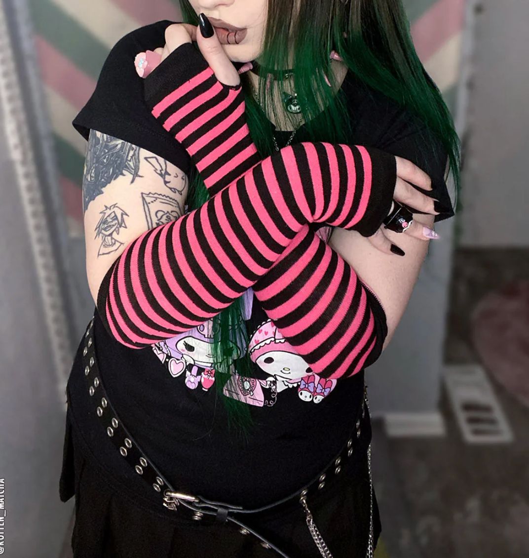 Emo Striped Gloves [PINK / BLACK]