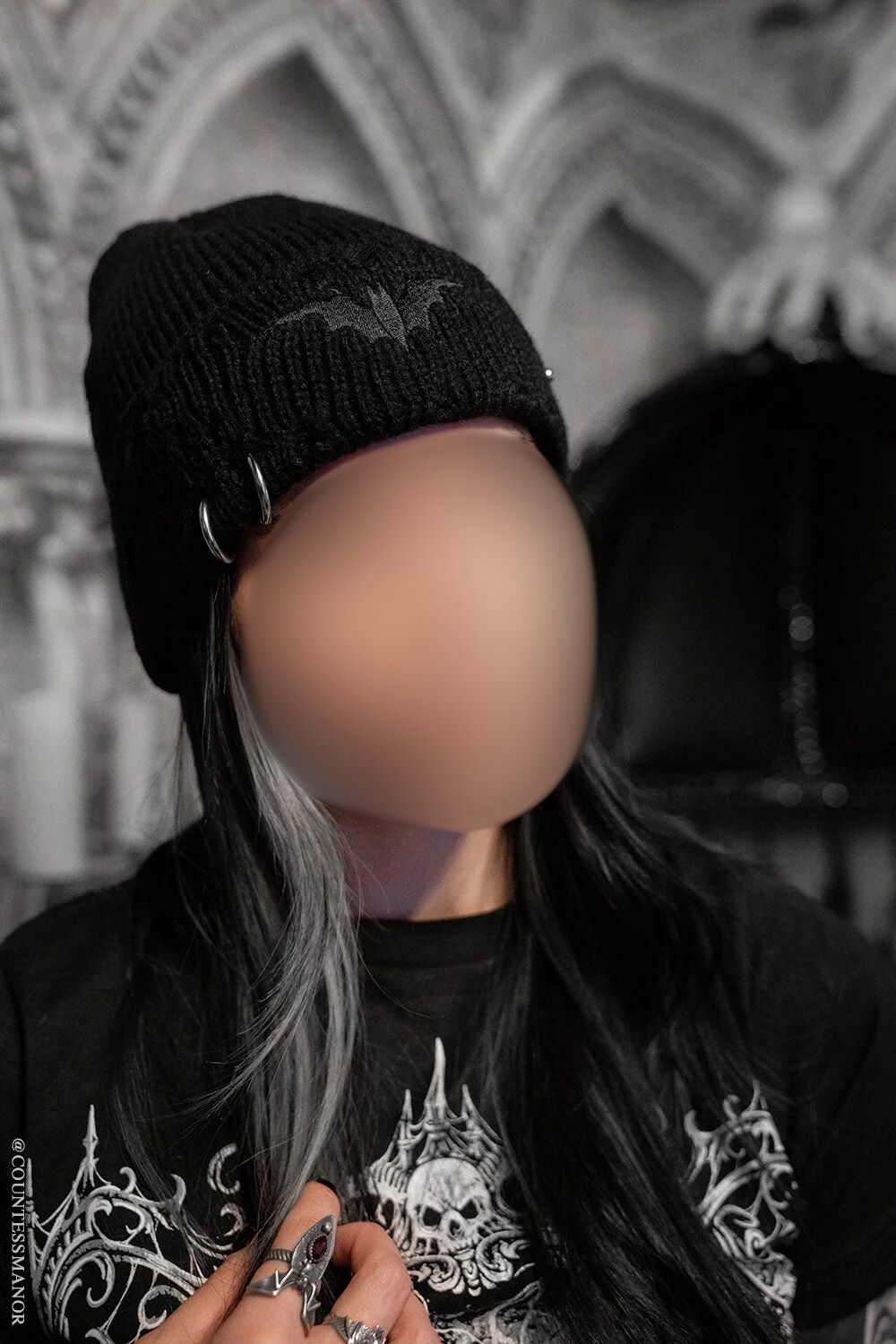 Distressed Pierced Beanie [Black Bat]