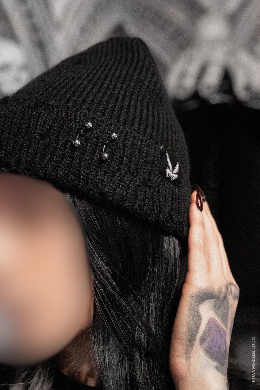 Distressed Pierced Beanie [Black Bat]