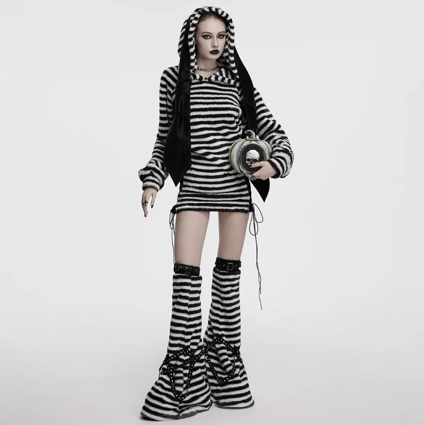 Black &amp; White Striped Hoodie Dress OQ-901
