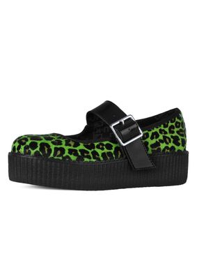 Green Leopard Cow Hair Mondo Mary Jane Shoes [V3413L]