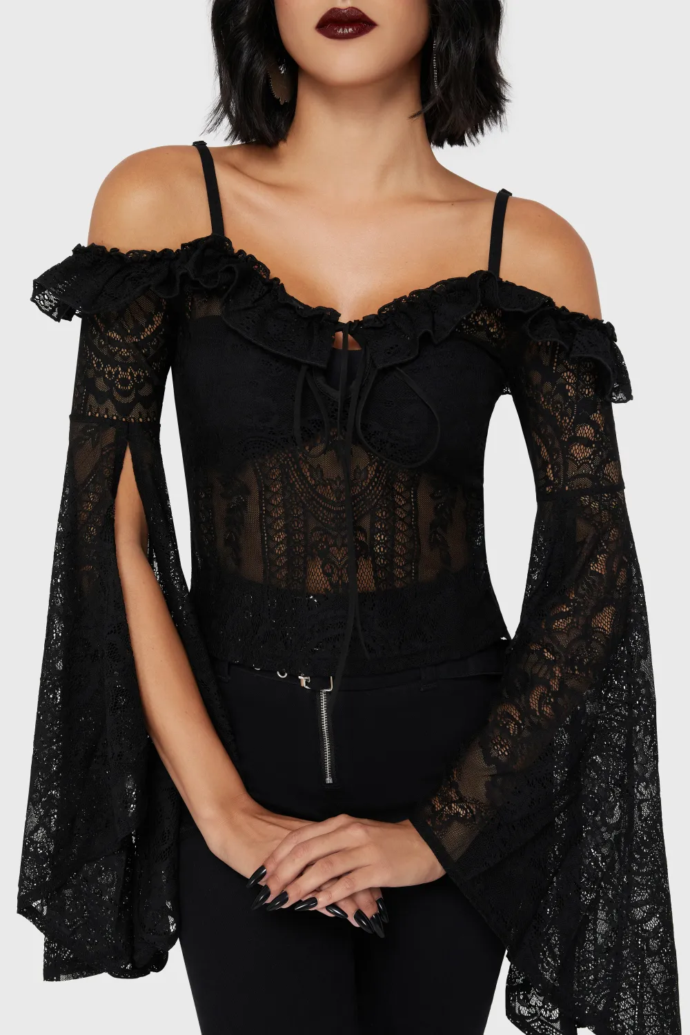 Breathless Lace Bardot Top [BLACK]