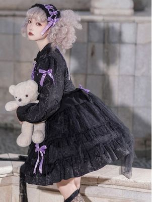 Robe OP Purple Bow Long-Sleeved Tiered Sweet [EYM-0039]