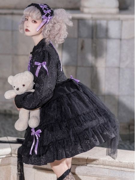 Robe OP Purple Bow Long-Sleeved Tiered Sweet [EYM-0039]