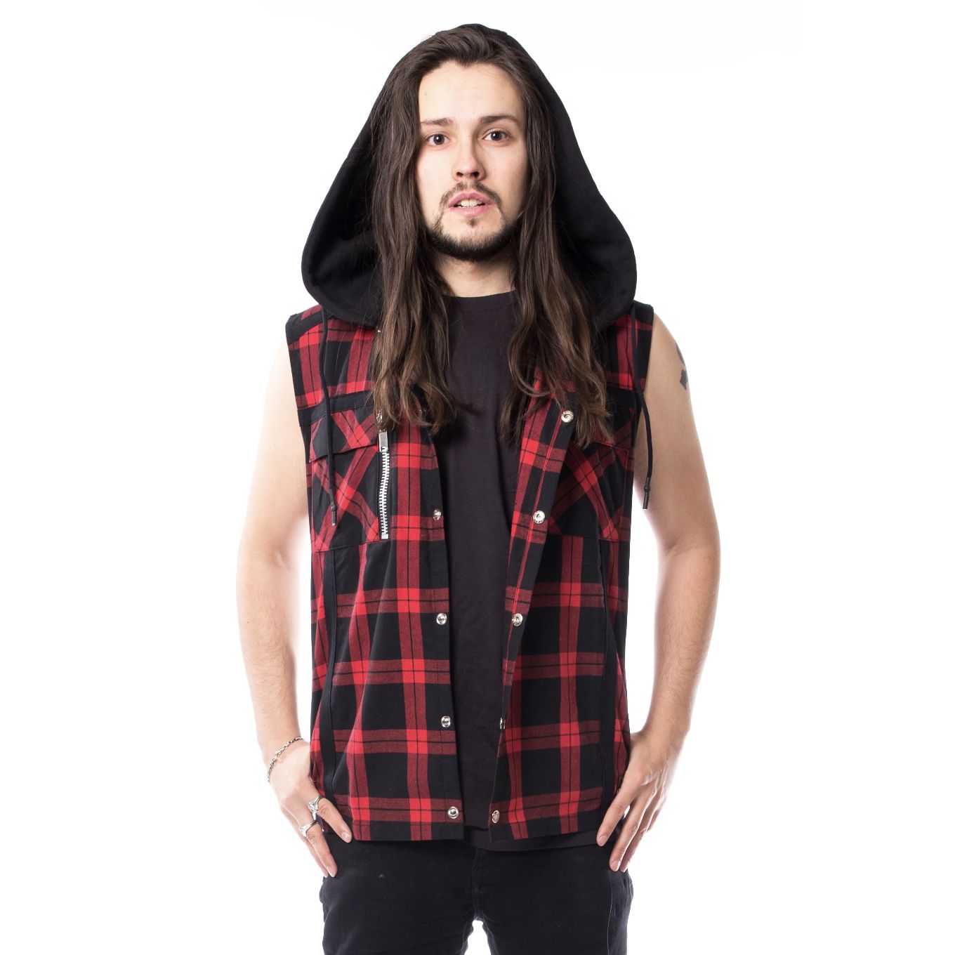 Eetu Plaid Sleeveless Hooded Shirt