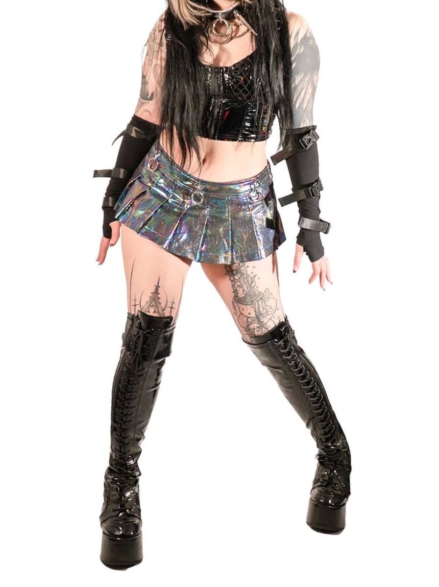 Oil Spill Pleated Micro Mini D-ring Skirt [LS-275]
