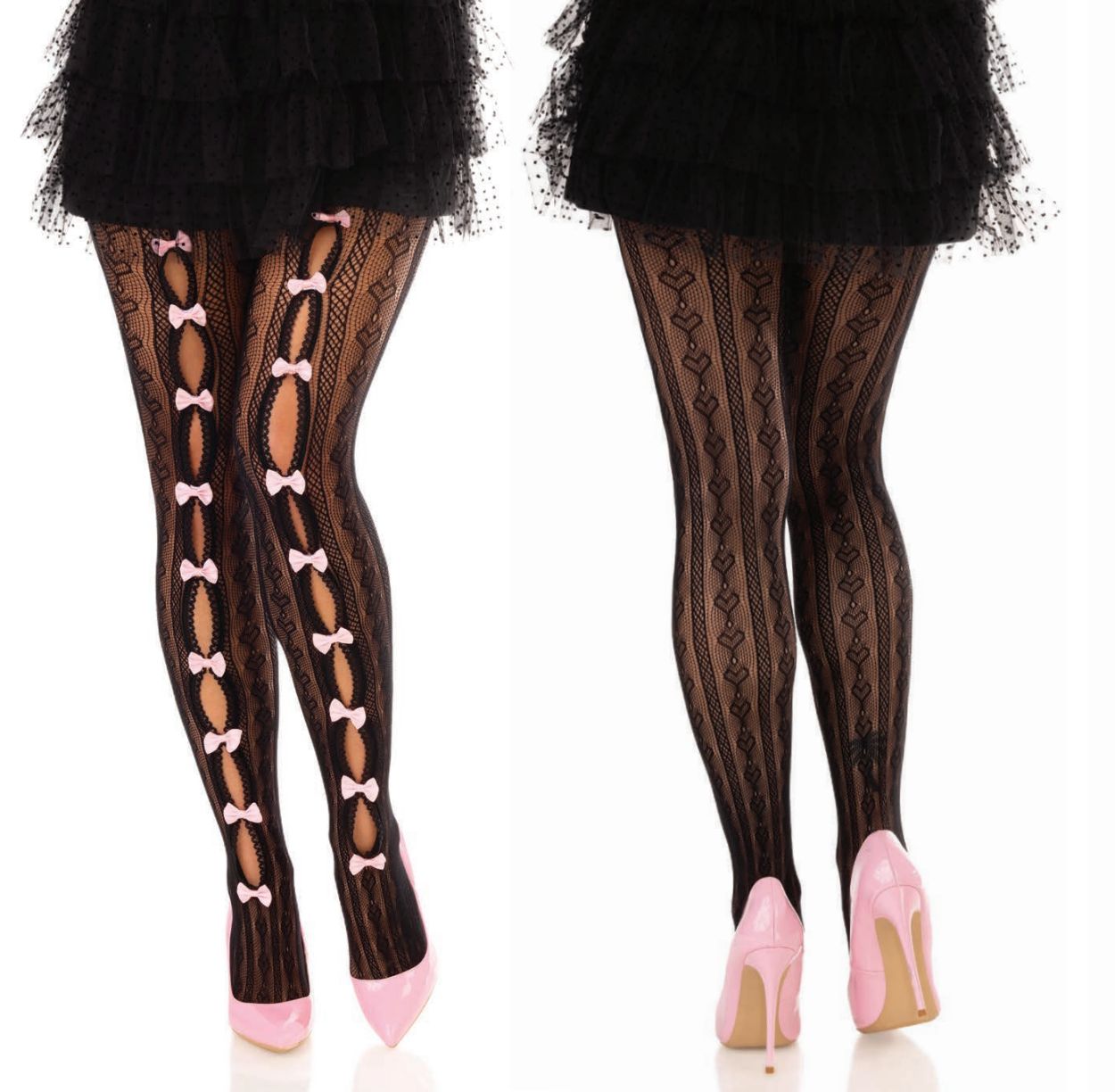 Sweetheart Striped Net Tights w/ Keyhole &amp; Mini Bow Detail / LA9733BK