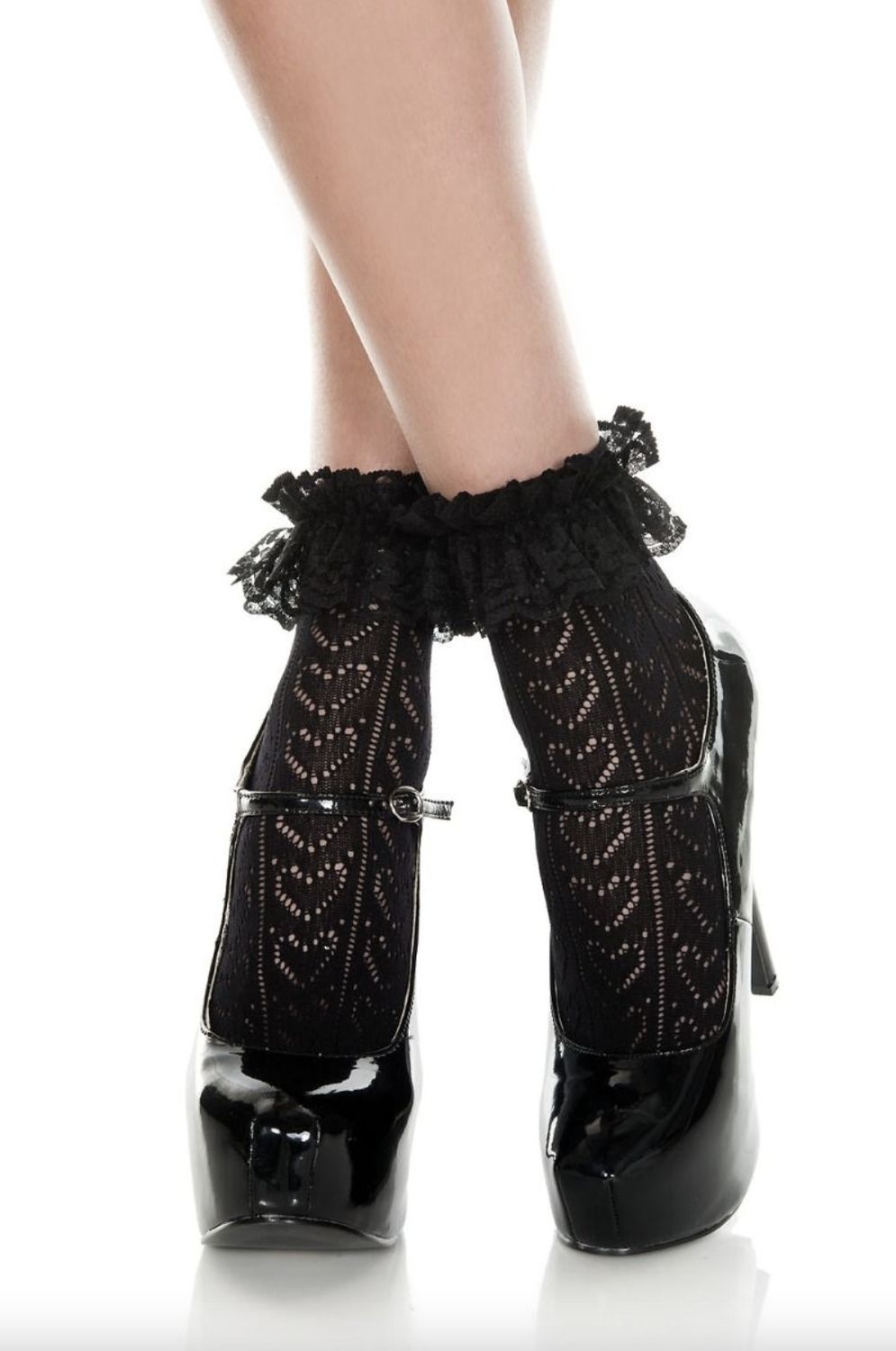 Bas Cheville en Filet Cœur Bord Froncé / ML515 [NOIR]