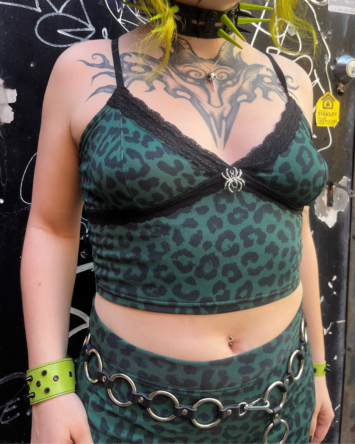 Forest Green Leopard Print Mini Camisole with Spider Charm - MADE IN QUEBEC