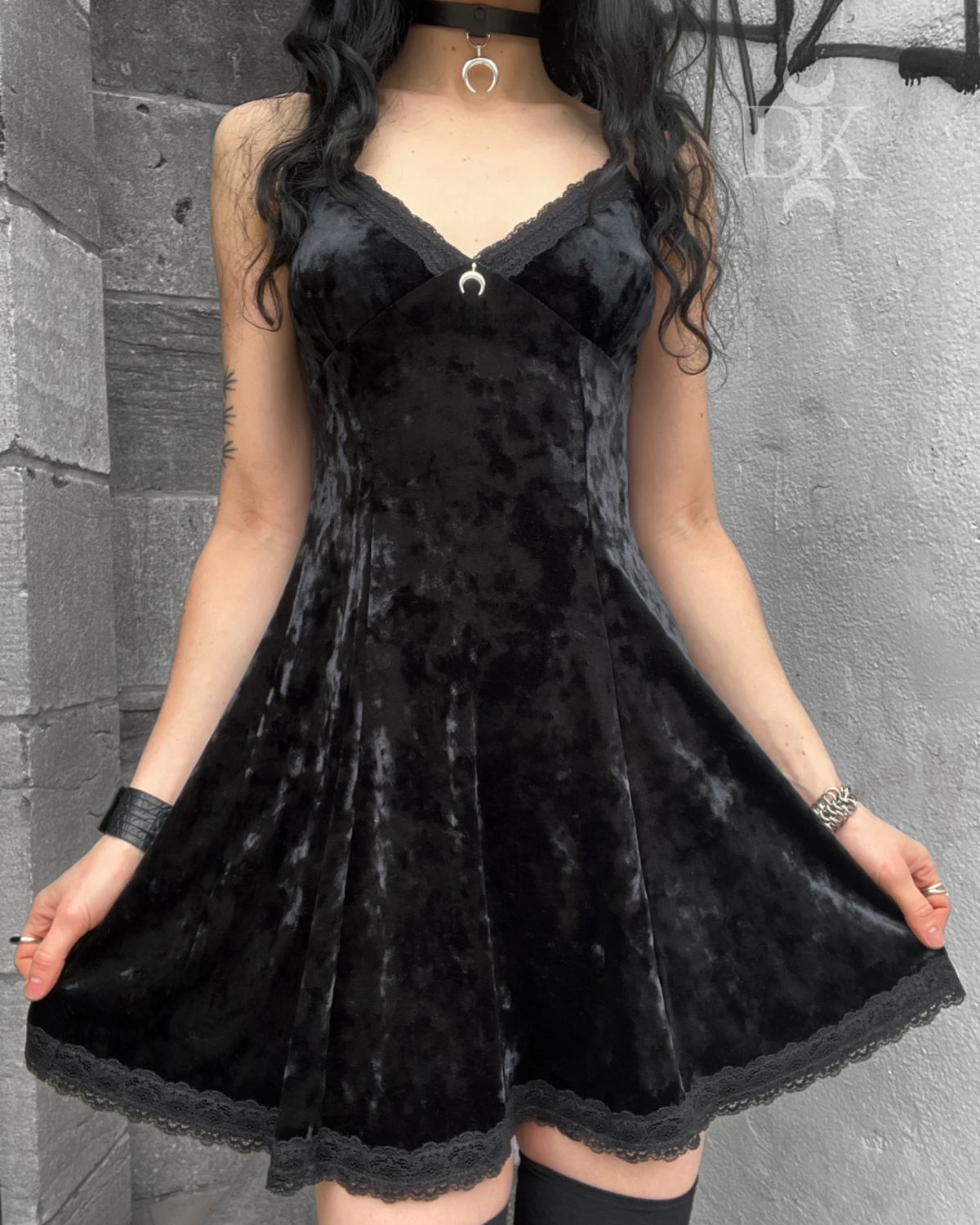 Black Velvet Mini Dress with Moon-Shaped Charm - MADE IN QUEBEC