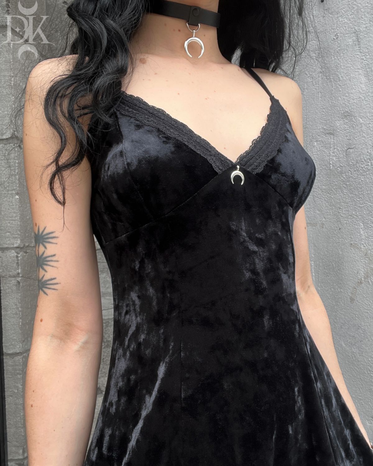 Black Velvet Mini Dress with Moon-Shaped Charm - MADE IN QUEBEC