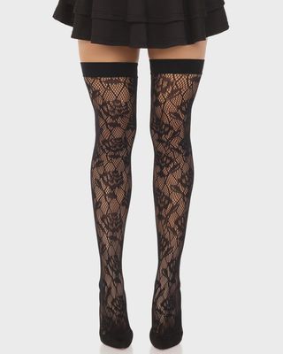 Thigh Hi Fishnet Wild Flowers Black Stockings / LA6216X [PLUS]