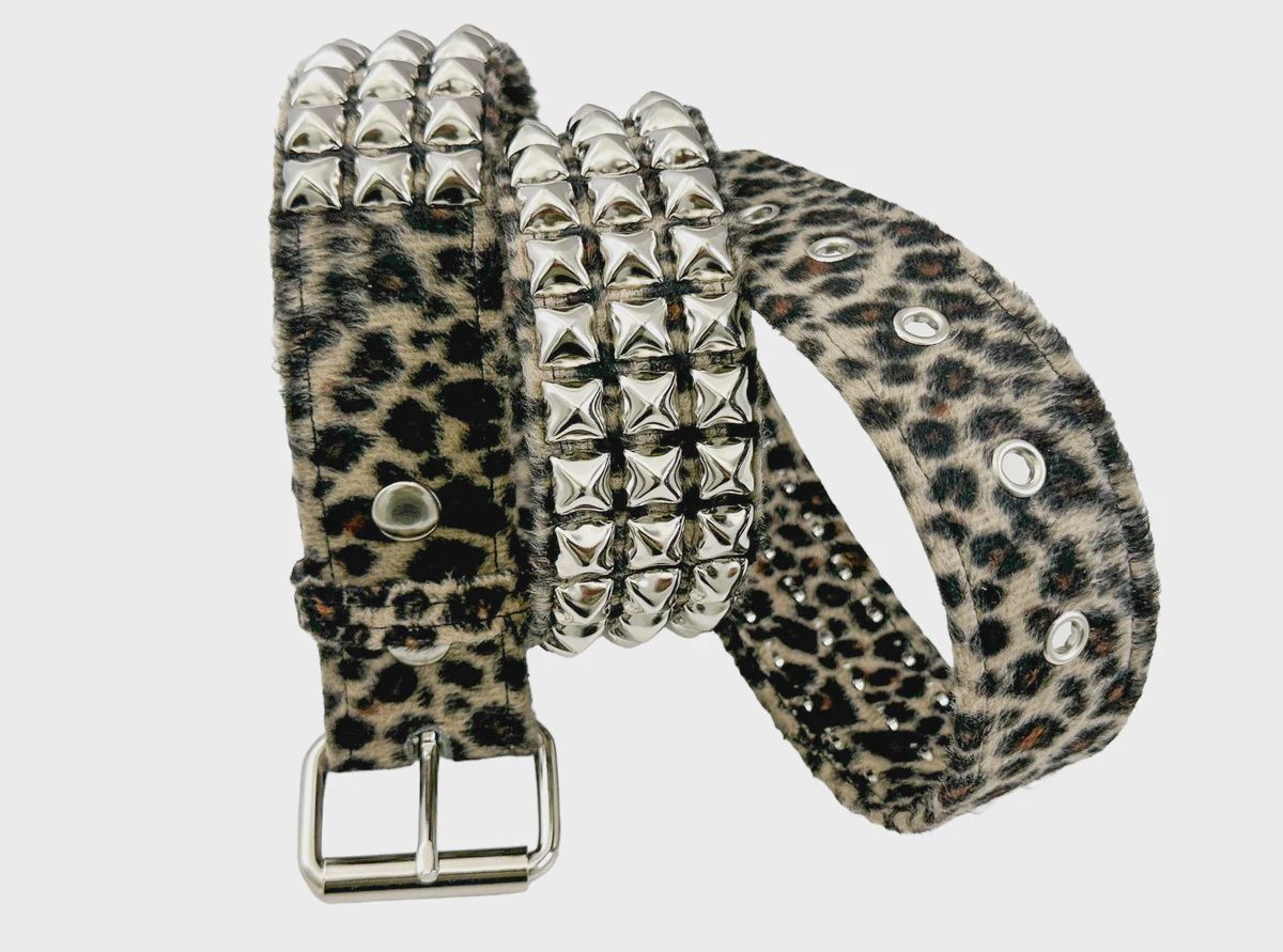 Ceinture en Léopard Brun à Studs Argent BT104L-BRN [PLUS]