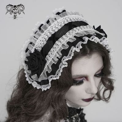 Headband with White Lace and Black Roses AS27602